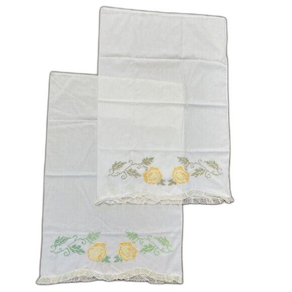 Vintage Embroidery Stitch Yellow Rose Lace Standard Pillow Cases Set Pair Cotton - Picture 1 of 8